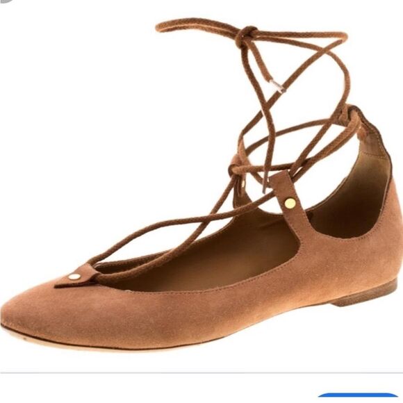 CHLOE Foster Camel Suede Lace-Up Ballerina Flat Ballet Shoes Size 39.5 - Picture 1 of 12